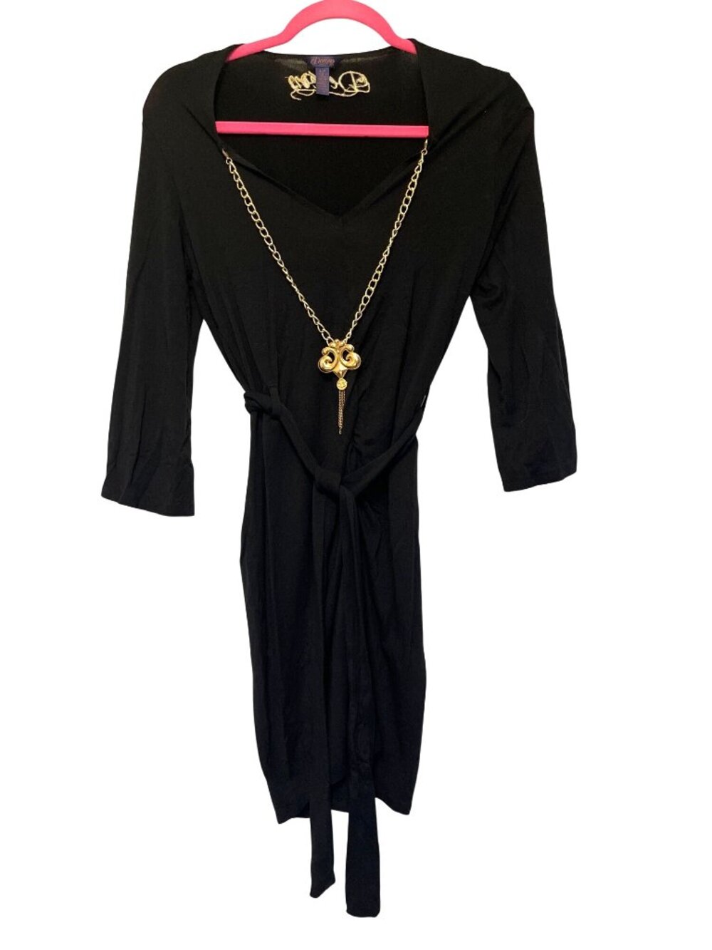 Dereon Black Midi Dress With Ruched Front Fabric Belt & Gold Neckline Embroidery